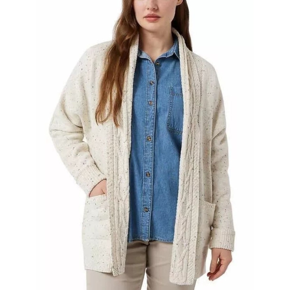 Chaps Womens L Cream Flecked Cable Knit Open Front Cardigan Sweater Pockets